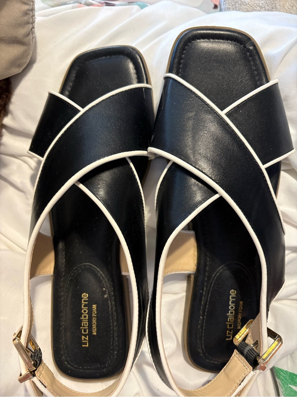 Liz Claiborne Black Mules with White Piping and Gold Buckle